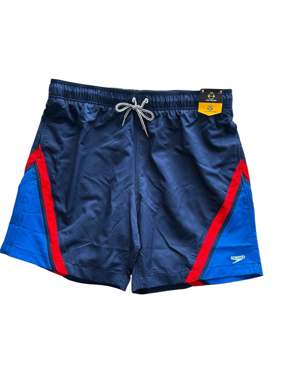 NWT Speedo Swim Trunks UPF 50+ Navy Red Lt Blue Drawstring 18” Outseam Sz XL